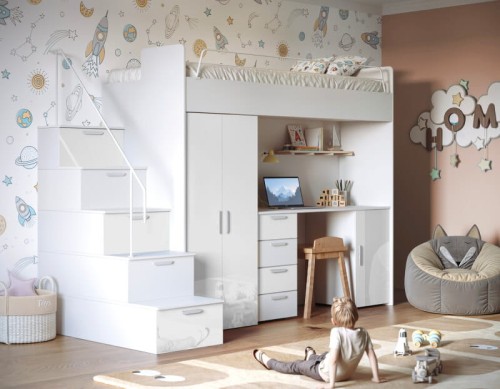 Łóżko piętrowe z biurkiem i szafą