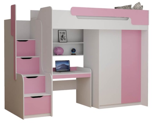 Łóżko na antresoli z biurkiem i szafą BD1