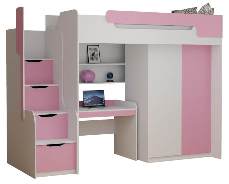 Łóżko antresola z biurkiem i szafą (róż)