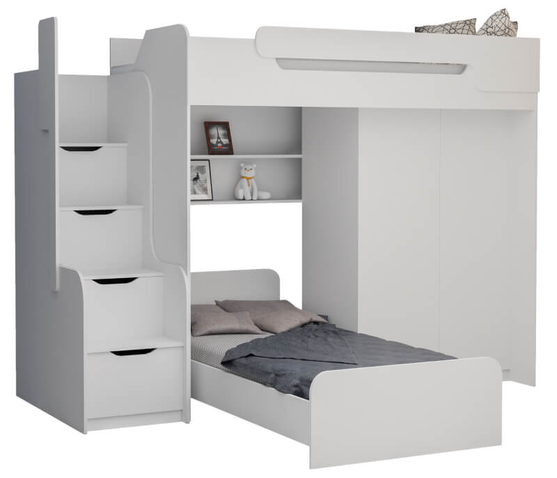 Łóżko na antresoli plus łóżko parterowe (białe)