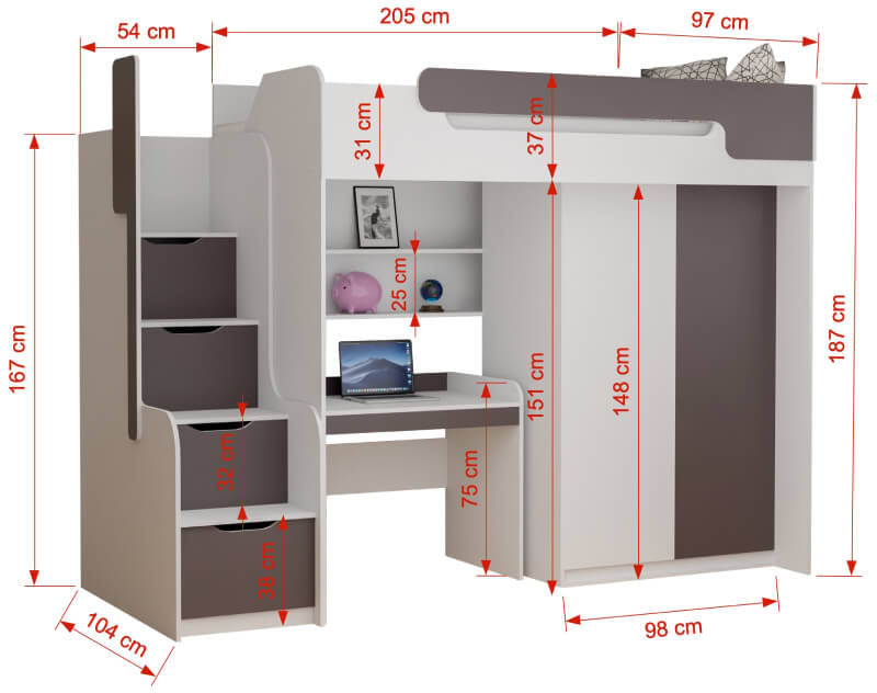 Szczegółowe wymiary łóżka (na przykładzie koloru grafit)