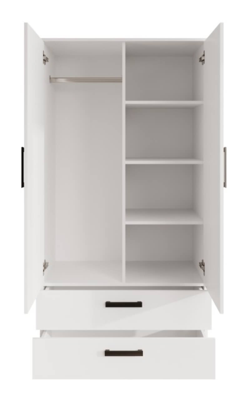 Wnętrze czarnej szafy z drążkiem i półkami