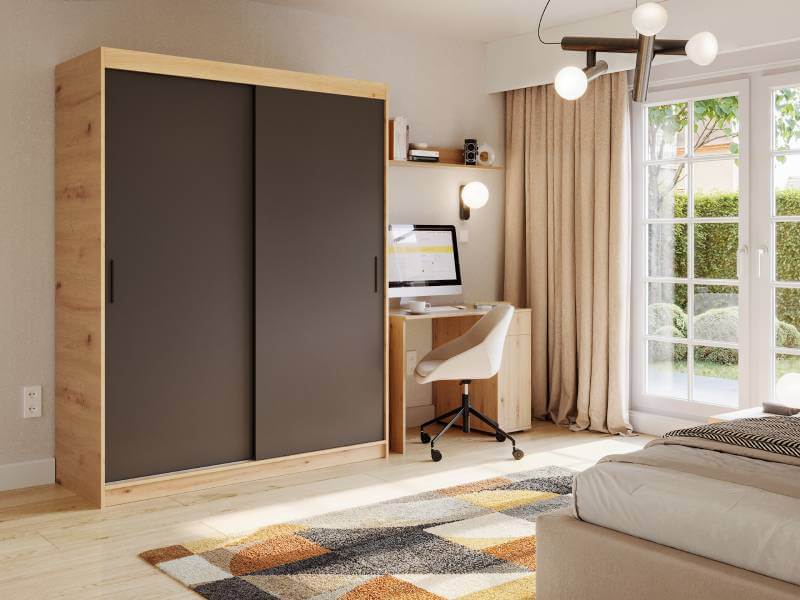 Szafa 180 cm z czarnymi drzwiami przesuwnymi i korpusem w kolorze dąb artisan